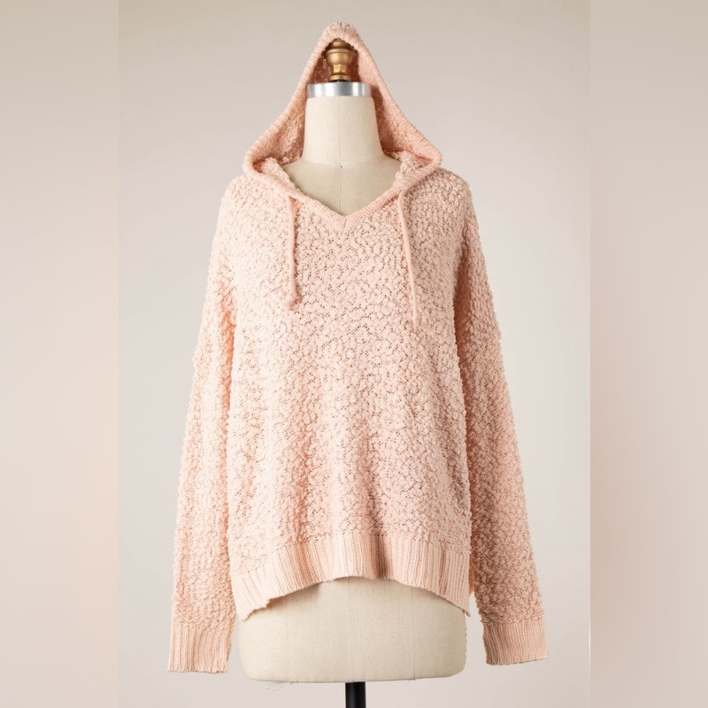 MIRACLE Peach pink popcorn V-neck pullover drawstring hoodie sweatshirt NWT